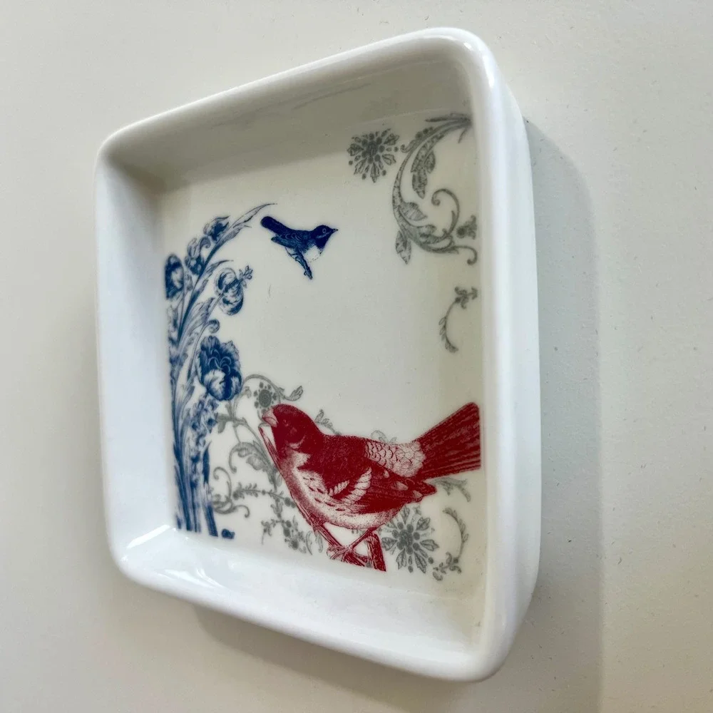 Charming Bird Floral Square Trinket Dish‎ Decor Ceramic Red Blue Gray White